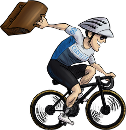 Caricature of Chris Carville riding a bike while holding a briefcase