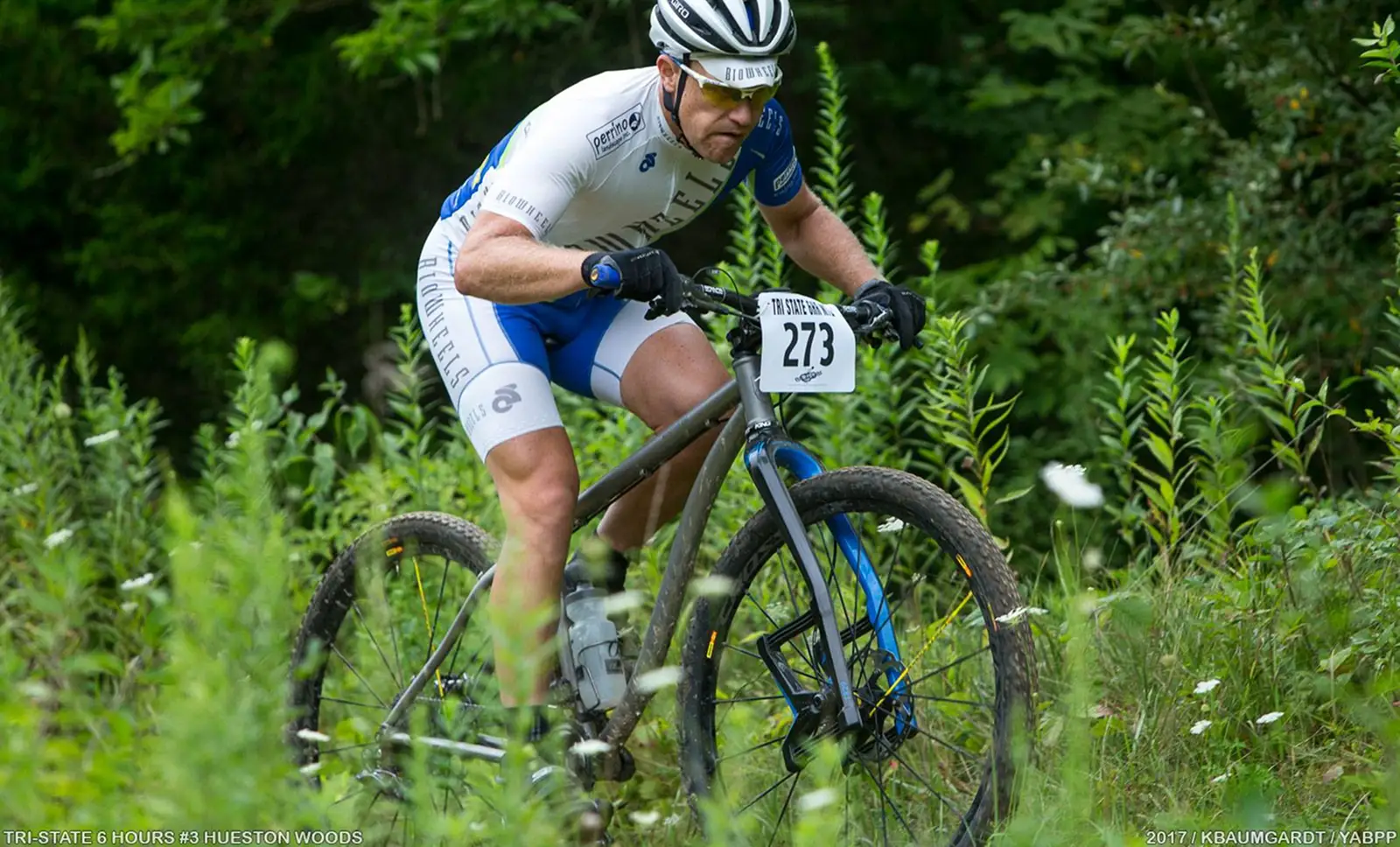 Chris Carville mountain biking in a race at Hueston Woods